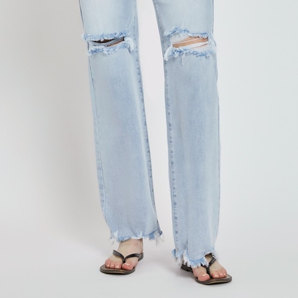 RISEN Distressed High-Rise Jeans Retro Straight Wide Leg Classic Denim Pants - Picture 13 of 16